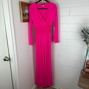 Venus Smocked Waist Jumpsuit Barbie Pink Wide Leg Slit Stretch Size Small